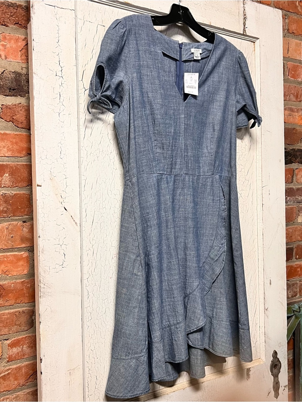 J.Crew 100% Cotton Wrap Dress Blue‎ Flutter Sleeve V-Neck  Mini Size 10